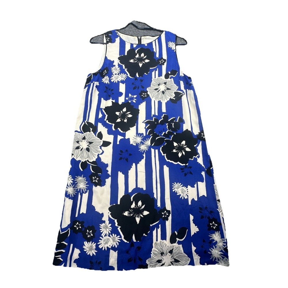 Anthropologie Maeve Canna Silk Shift Dress 6 Blue Black White‎ Floral Zip Back